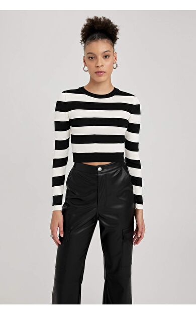 Coool Slim Fit Çizgili Bisiklet Yaka Kazak