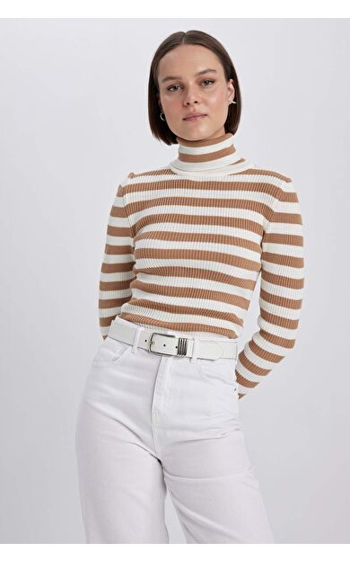 DeFactoFit Slim Fit Çizgili Balıkçı Yaka Kazak