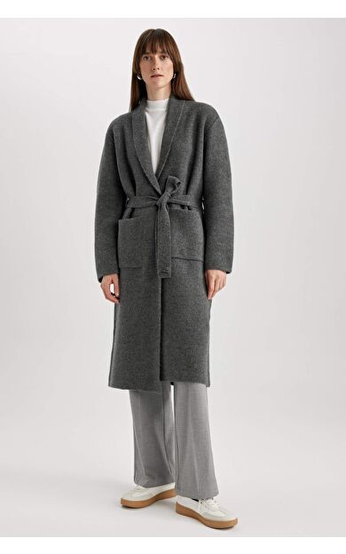 Relax Fit Şal Yaka Kuşaklı Uzun Hırka