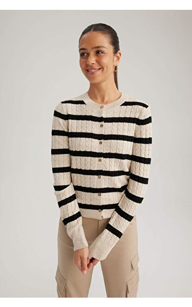 Regular Fit Çİzgili Bisiklet Yaka Triko Hırka