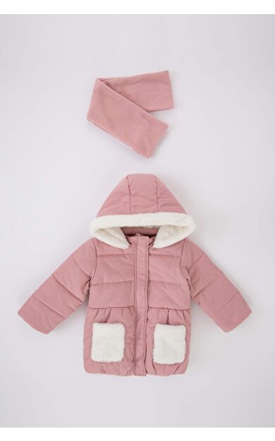 DeFactoFit Kız Bebek Su Geçirmez Polar Astarlı Kapüşonlu Mont Atkı 2'li Takım