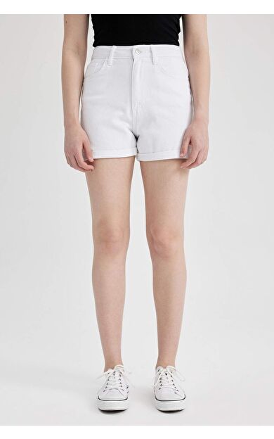DeFactoFit Mom Fit Yüksek Bel Katlamalı Paça Jean %100 Pamuk Şort