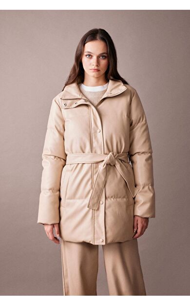 Su Geçirmez Regular Fit Puffer Şişme Suni Deri Parka