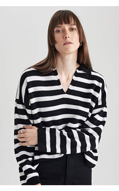 Regular Fit Çizgili Polo Yaka Kazak