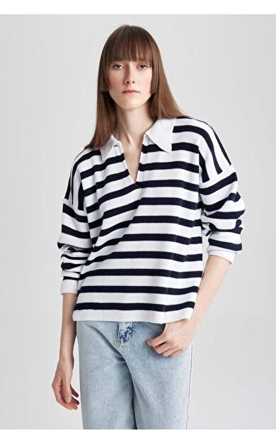 DeFactoFit Regular Fit Çizgili Polo Yaka Kazak