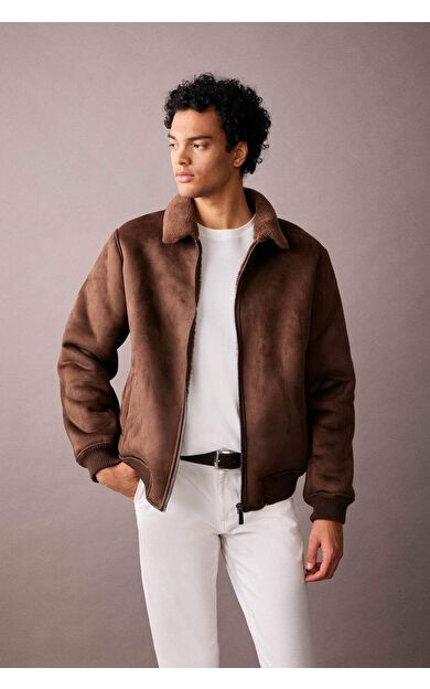 Slim Fit Polo Yaka Astarlı Süet Mont