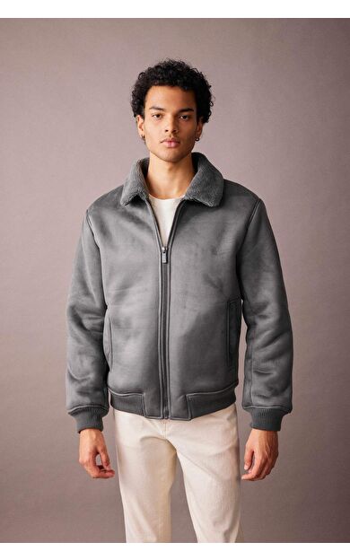 Slim Fit Polo Yaka Astarlı Süet Mont