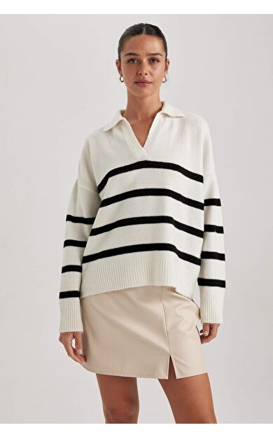 Regular Fit Çizgili Polo Yaka Kazak