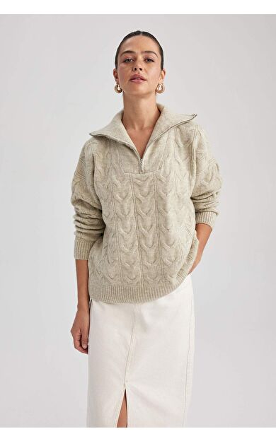 DeFactoFit Oversize Fit Fermuarlı Yaka Kazak