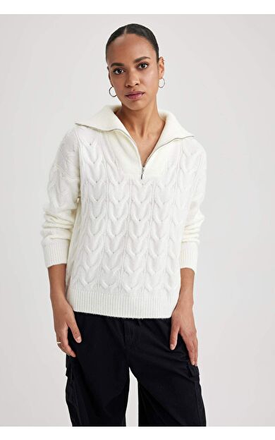 Oversize Fit Fermuarlı Yaka Kazak