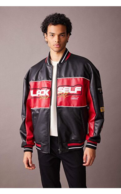 Su İtici Oversize Fit Kolej Yaka Bomber Bomber Suni Deri Suni Deri Mont