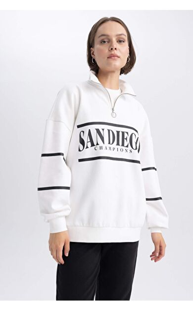 DeFactoFit Oversize Fit Yarım Fermuarlı Kalın Kumaş Sweatshirt