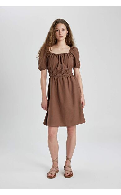 DeFactoFit Kare Yaka Keten Kısa Kollu Mini Elbise