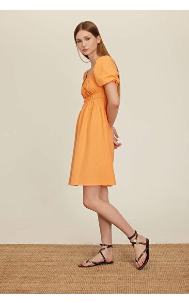 DeFactoFit Kare Yaka Keten Kısa Kollu Mini Elbise