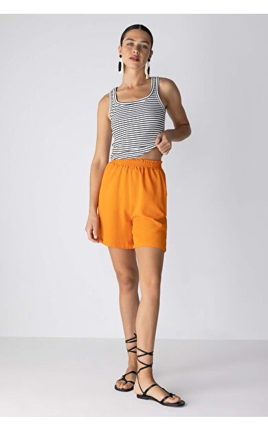 DeFactoFit Paperbag Bel Geniş Paça Keten Karışımlı Şort Turuncu
