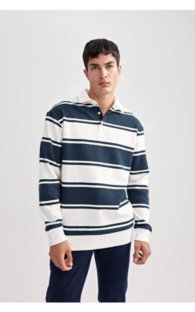 DeFacto Comfort Fit Polo Yaka Çizgili Sweatshirt