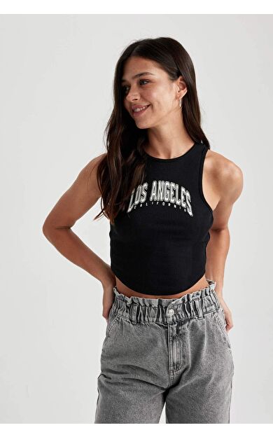 DeFactoFit Fitted Baskılı Bisiklet Yaka Crop Atlet Siyah