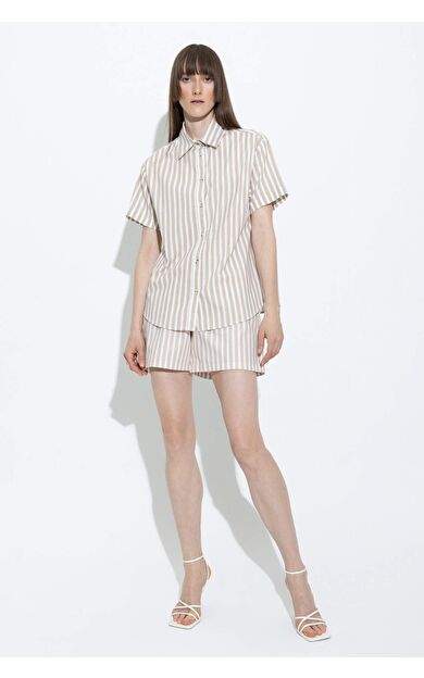 DeFactoFit Yüksek Bel Geniş Paça Keten Görünümlü Çizgili Şort Ekru