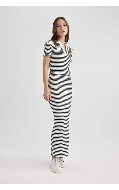 DeFactoFit Çizgili Fitilli Kaşkorse Maxi Etek