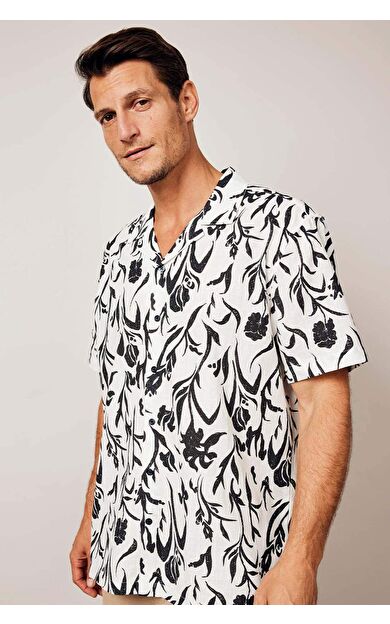 DeFactoFit Regular Fit Polo Yaka Baskılı Keten Karışımlı Kısa Kollu Gömlek