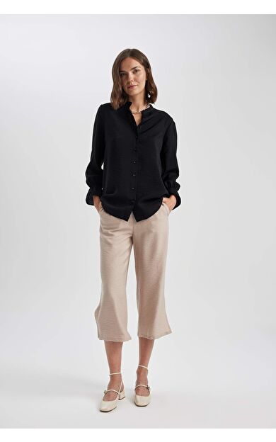 DeFactoFit Kapri Yüksek Bel Geniş Paça Keten Görünümlü Kapri