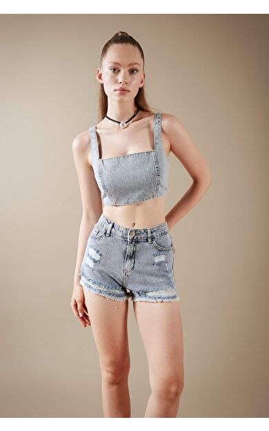 DeFactoFit Jean %100 Pamuk Crop Bluz