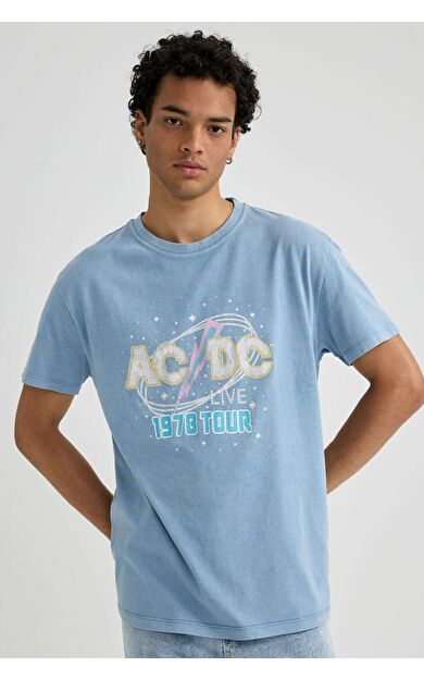 DeFactoFit AC/DC Regular Fit Bisiklet Yaka Baskılı Tişört