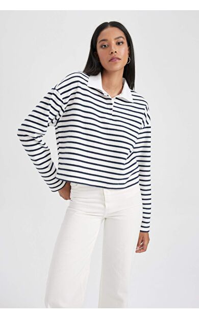 DeFacto Regular Fit Çizgili Polo Yaka Sweatshirt