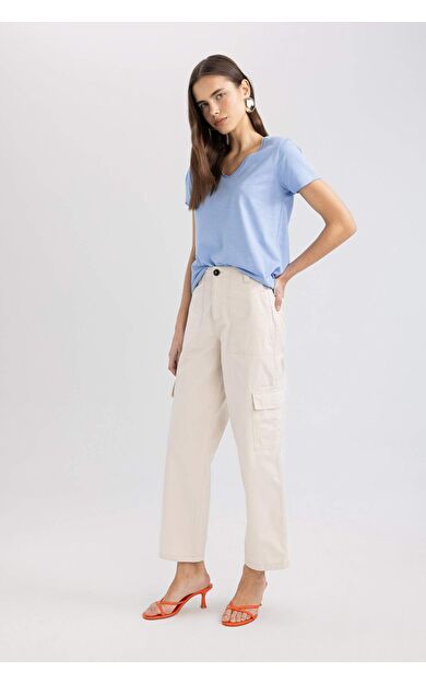 DeFactoFit Straight Fit Kargo Kargo Cepli Yüksek Bel Geniş Paça Gabardin Pantolon A9200AX24SMBG422