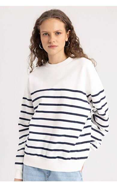 DeFactoFit Relax Fit Bisiklet Yaka Çizgili İnce Sweatshirt Kumaşı Sweatshirt