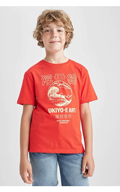 DEFACTO Erkek Çocuk Bisiklet Yaka Baskılı Kısa Kollu Tişört