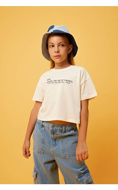 DEFACTO Kız Çocuk Crop Kısa Kollu Tişört