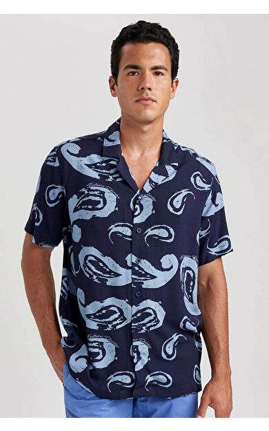 DeFactoFit Relax Fit Baskılı Viskon Kısa Kollu Gömlek B1257AX23HSNV146