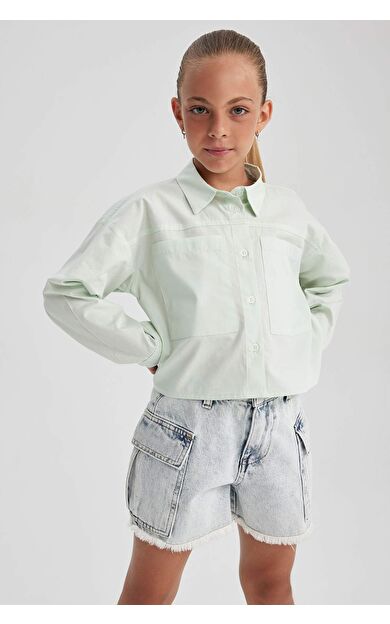 DEFACTO Kız Çocuk Crop Poplin Uzun Kollu Gömlek