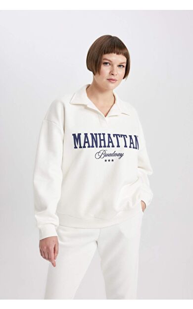 DeFacto Relax Fit Polo Yaka Kalın Sweatshirt Kumaşı Sweatshirt