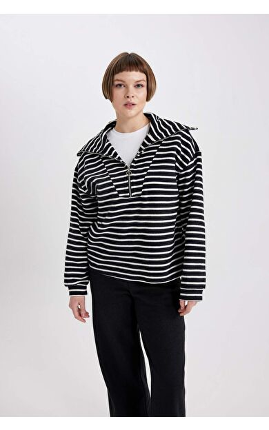 DeFacto Relax Fit Çizgili Yarım Balıkçı Yaka Sweatshirt