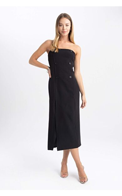 Straplez Yırtmaçlı Midi Elbise