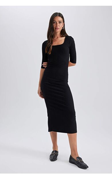 DeFacto Bodycon Kare Yaka Fitilli Kaşkorse Midi Uzun Kollu Elbise