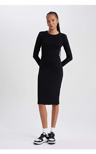 DeFacto Bodycon Bisiklet Yaka Fitilli Kaşkorse Midi Uzun Kollu Elbise