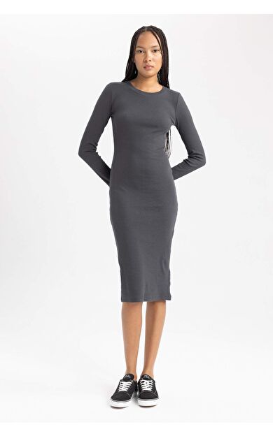 DeFacto Bodycon Bisiklet Yaka Fitilli Kaşkorse Midi Uzun Kollu Elbise