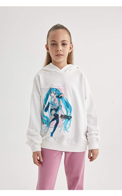 DeFacto Kız Çocuk Hatsune Miku Oversize Fit Kapüşonlu Sweatshirt