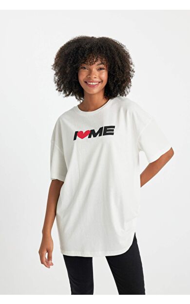 Oversize Fit I Love Me Baskılı Kısa Kollu Tişört