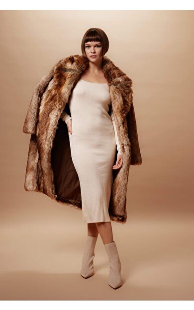 DeFactoFit Fitted Kare Yaka Ribana Uzun Kollu Yırtmaçlı Midi Elbise