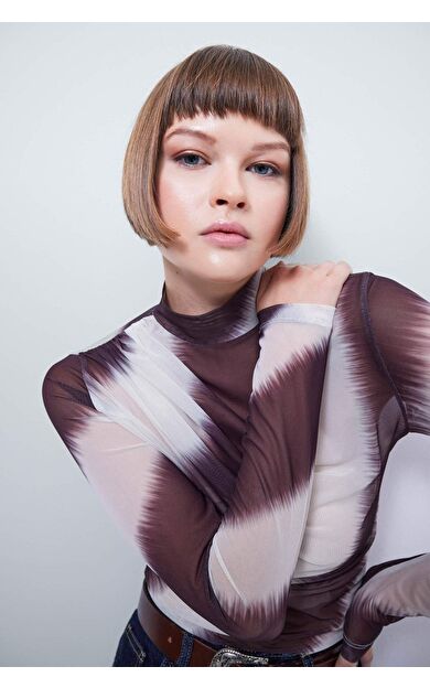 DeFactoFit Slim Fit Balıkçı Yaka Batik Uzun Kollu Tül Tişört