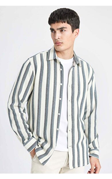 DeFactoFit Regular Fit Polo Yaka Pamuklu Çizgili Uzun Kollu Gömlek