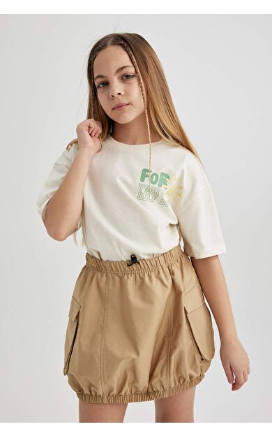 DeFactoFit Kız Çocuk Relax Fit Slogan Baskılı Kısa Kollu Tişört