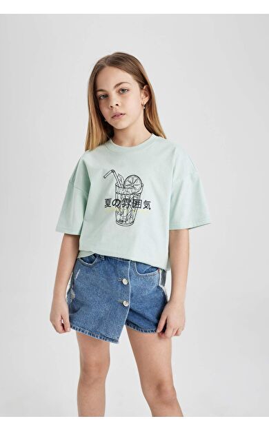DeFactoFit Kız Çocuk Oversize Fit Baskılı Kısa Kollu Tişört B5169A824HSGN1114