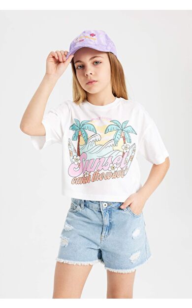 DeFactoFit Kız Çocuk Bisiklet Yaka Baskılı Kısa Kollu Tişört B5171A824HSWT34