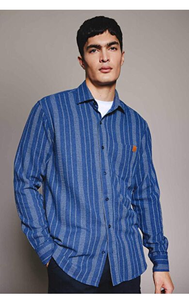 DeFactoFit Regular Fit Gömlek Yaka Çizgili Krep Uzun Kollu Gömlek