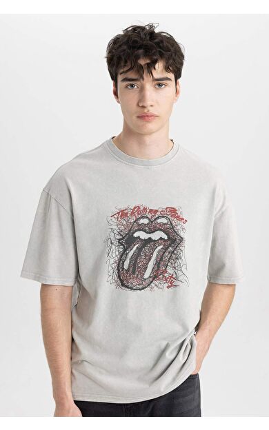 DeFactoFit Rolling Stones Comfort Fit Bisiklet Yaka Baskılı Kısa Kollu Tişört
